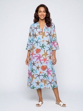 Light Blue Starfish Print Kaftan Swim Cover-Up Made in Italy